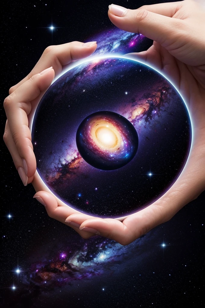 A hand holding a galaxy,a surreal image