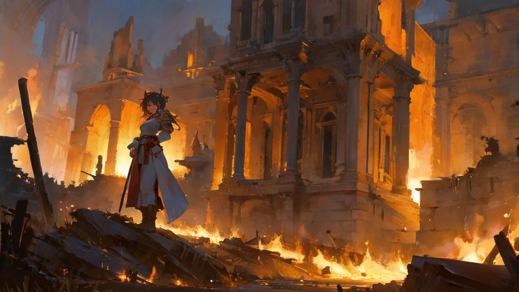 Wide-angle shot of Katrai Sezanne, in the middle of a ruined square, haranguing the people, on her head there is a crown, (with her finger she points in a distant direction). She wears a white tunic, with golden shoulder pads and boots. The context is a (medieval village), with ruins and flashes of greenery, flames and (ashes) in the distance. The atmosphere is ((epic)).