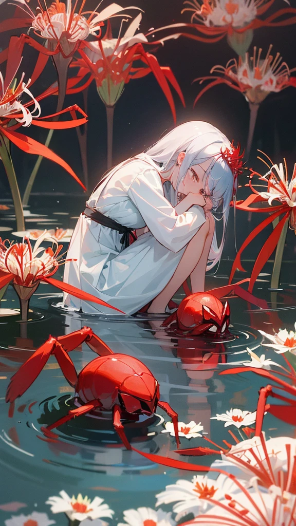 A masked girl cries at the pond where red spider lilies bloom。But that can never be found。You should never show your bitter side。I have to hide it so that no one will notice.。