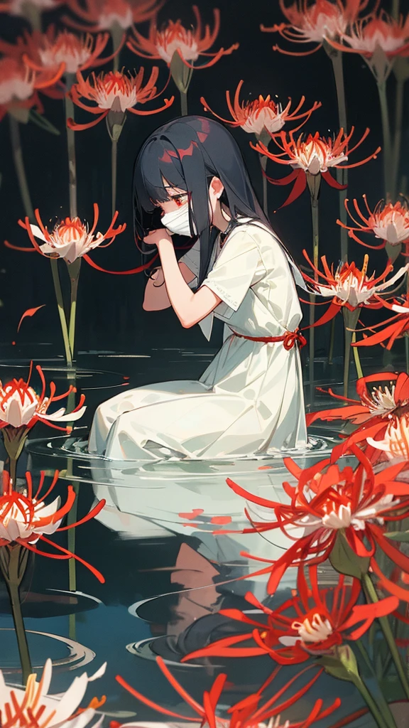 A masked girl cries at the pond where red spider lilies bloom。But that can never be found。You should never show your bitter side。I have to hide it so that no one will notice.。