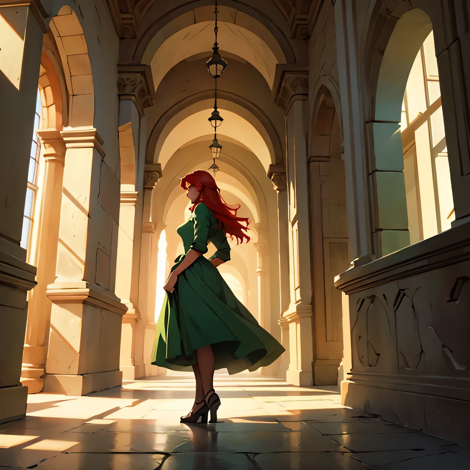 draw Alicent hightower as described in the books with red hair wearing a green dress in profile in a corridor of an ancient castle
