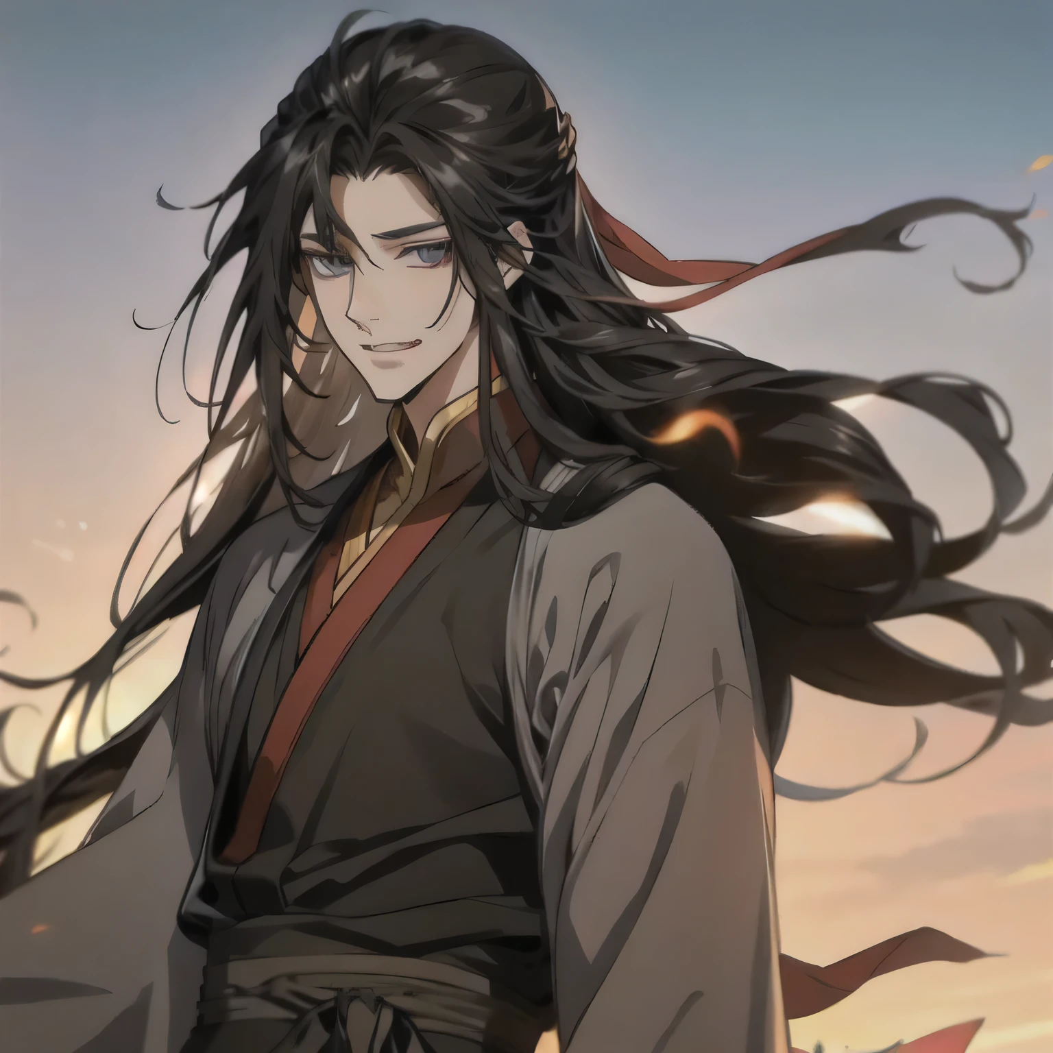 (masterpiece, best quality:1.2), 1male, solo, wei wuxian, mo dao zu shi, mdzs, black clothes, grey eyes, long black hair, perfect anatomy, laugh