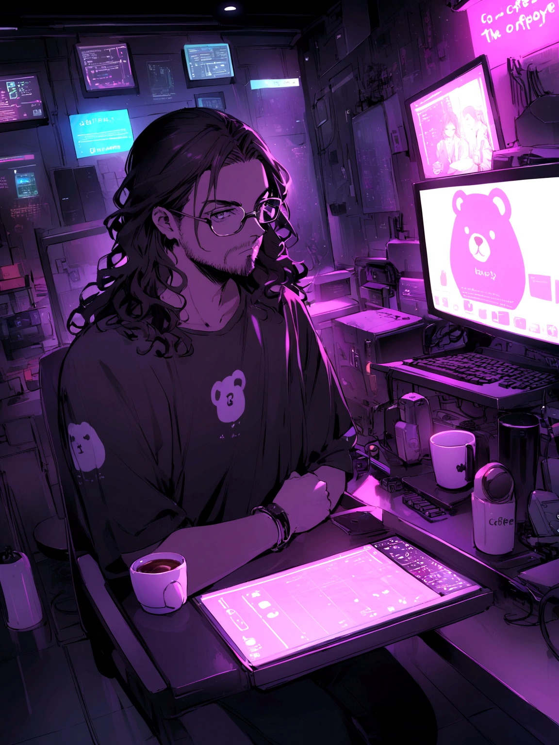 original, wide angle, A man wearing glasses sits on a chair in front of a futuristic computer screen in a bright cafe., 30 years old,Red-black skin, black hair, wavy hair,shoulder length hair,Software Development Engineer.,bear typography,small beard,black t-shirt,black pants,white clothes, The coffee cup is placed on the table., Display star information, hardware, bright environment, neon light, Leonardo DiCaprio
