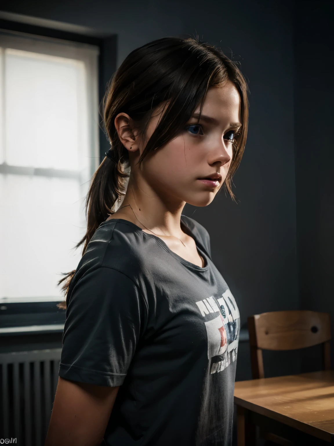 ****ung girl, wearing t-shirt from Ellie from 'The last of us', (best quality:1) , (masterpiece:1), (ultra detailed:1), photorealism, upper body, (looking at viewer:1.1), (indoors, night, darkness, dark room:1.2)