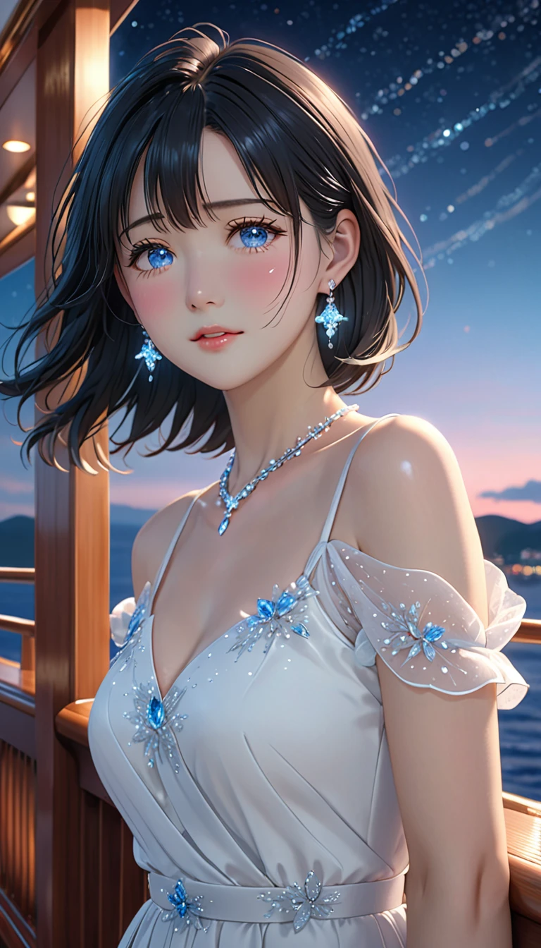 National Science Foundation,masterpiece,High resolution,8K,art,refer to,3D,realism,Kyoto Animation Style,Your Name movie style,To the camera,night,midnight,Soft Light,Glowing Skin,(1 female: 1.3),(alone: 1.4),(((Black Hair))),White color dress,Beautiful Formal Dresses,(crystal hairpin),(crystal necklace),(crystal earrings),Long eyelashes,Thin legs,Long Bob,Hair swaying in the wind,Feminine poses,close of upper body,close,Close-up,(On a cruise ship),Starry Eyes,Pale blue eyes,(close your eyes),Stretch your arms out to the side and feel the breeze,(blush),(shy),(shy),(((cry))),(((Tears))),