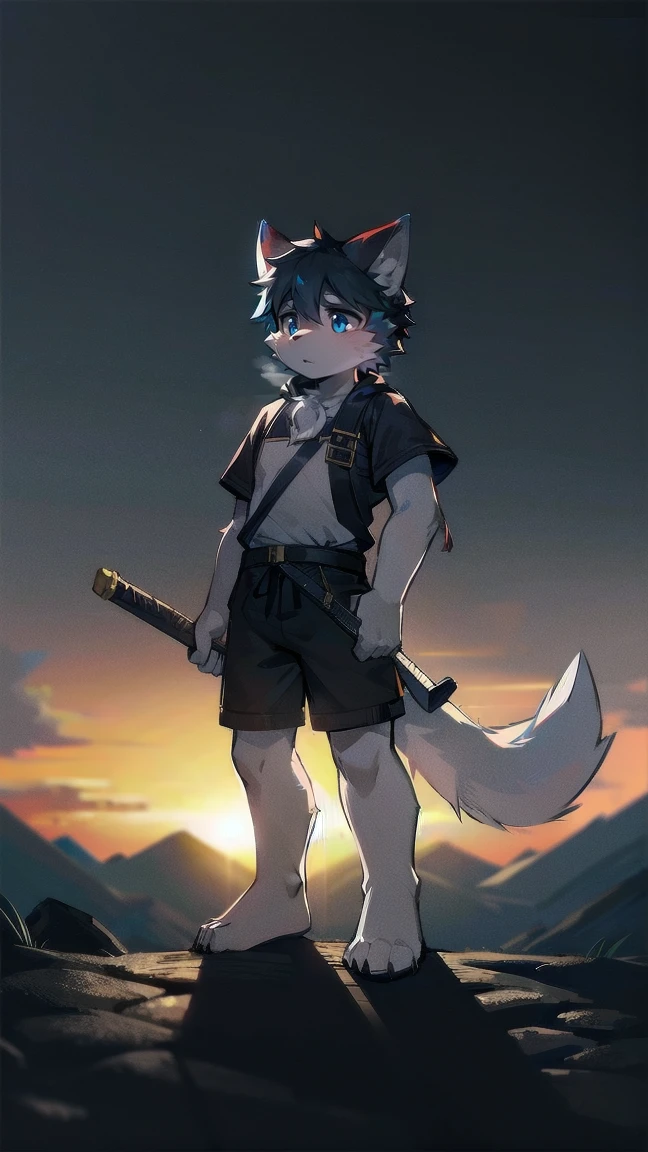 White Wolf,black hair,Sky blue eyes,hairy,Wolf ears,Wolf tail,Full body portrait,The character is in the center of the frame,Handsome,Confident eye***but,juvenile,Black and white combat uniform,Red neck bib,Black shorts,Short sleeve,hairy arms and legs,Dark background,Dark battlefield,dawn,sunrise,dawn,illumination,shadow,Swordsman,Scabbard and Hold the hilt of a in your hand,The scabbard is at the waist,Highest quality,A tall stature