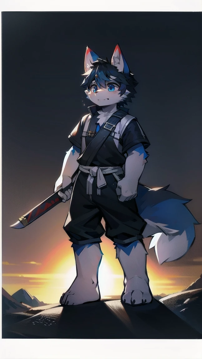 White Wolf,black hair,Sky blue eyes,hairy,Wolf ears,Wolf tail,Full body portrait,The character is in the center of the frame,Handsome,Confident eye***but,juvenile,Black and white combat uniform,Red neck bib,Black shorts,Short sleeve,hairy arms and legs,Dark background,Dark battlefield,dawn,sunrise,dawn,illumination,shadow,Swordsman,Scabbard and Hold the hilt of a in your hand,The scabbard is at the waist,Highest quality,A tall stature