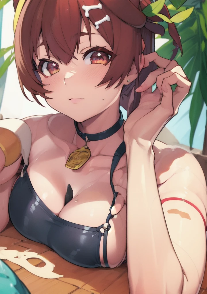 1.5),(girl),(Dynamic pose),Brown Hair,(Vermilion eyes),(first round),Big Breasts,Swimwear