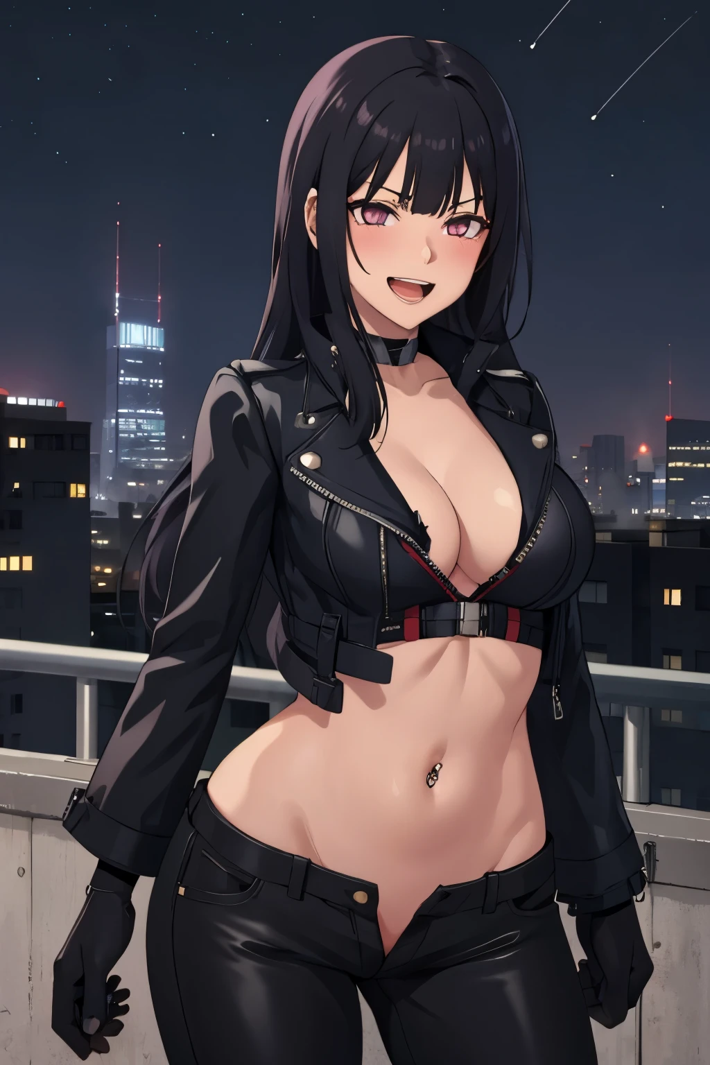 ichika3rd,  parted lips, big breast, blush, lipstick,  fur trim, mature female, gloves, fur-trimmed coat,outdoors, rooftop, cityscape, building, railing, night, night sky, scenery, moon, city lights, fur trim, mature female, gloves, fur-trimmed coat,masterpiece, best quality, highly detailed, a girls with a gun, evil smile , open mouth, sexy gaze, badass pose , evil smile, smile, (nsfw) not safe for work, guns blazing, anime girl with long hair, beautiful long haired girl, navel, evil expression, exposed belly, exposed navel, exposed midriff, exposed lower belly, long black pants, crop top, cleavage, unbuttoned leather pants ,open fly, low rise black leather pants, leather jacket, holding a gun, navel piercing,, mouth open and tongue out, open,,