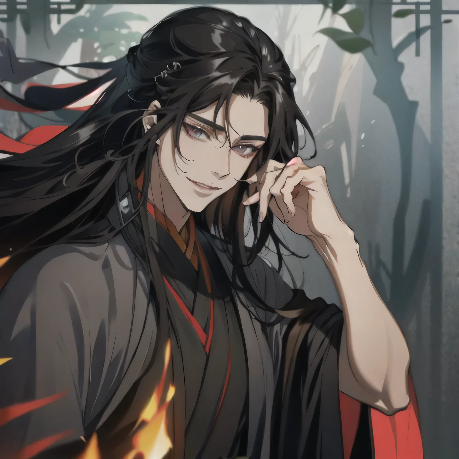 (masterpiece, best quality:1.2), 1male, solo, wei wuxian, mo dao zu shi, mdzs, black clothes, grey eyes, long black hair, perfect anatomy, smile