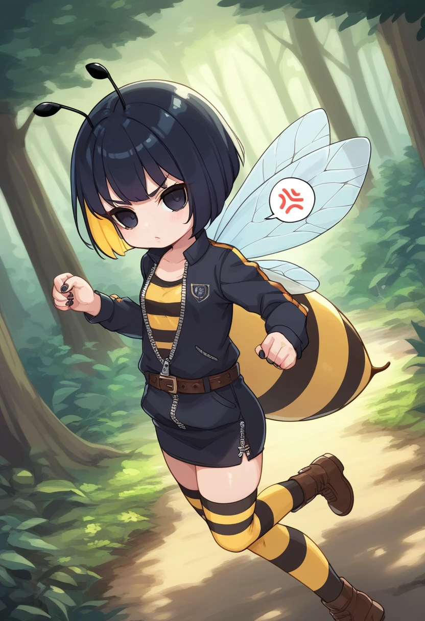 score_9, score_7_up, score_6_up, 1girl, source_cartoon, source_anime,breathtalking Scenery,watercolor,smooth soft skin, natural skin,anime screencap,mjm,rating_questionable,
BREAK 
1girl,(solo:1.2),(hornet girl:1.4), bee girl,(little female child:1.3), (loli:1.3),6 yo, kawaii,baby face,small breast, cute face,oily skin,(Phat ass:0.6)
BREAK 
(black lob hair:1.4),(black bob cut:1.3),(yellow gradient hair:1.2),(yellow dip-dye hair:1.1),ahoge,highlight on eyes,(nail_polish:1.1), black eyes,beautiful eyes, detailed eyes, puffy eyes,
BREAK 
(bee antennae:1.3), (PVC material Extremely small bee wings:1.1), (bee wings:1.1),symmetry bee wings, anger vein,anguish,(spoken squiggle:1.5),spoken anger,angry
BREAK
belt buckle,black jacket, zip up, (pencil Skirt:1.1),(yellow striped black stockings:1.3),pierce,chain accessory,punk rock, croped shirt
BREAK 
side view,from above,dutch angle,(deep forest,forest,darkness:1.2),dash,(running:1.3),dynamic running,dynamicangle,In a secluded setting, surrounded by a dense forest, the bog lay hidden like a secret gem, its misty surface whispering tales of ancient times,misty,deep forest,