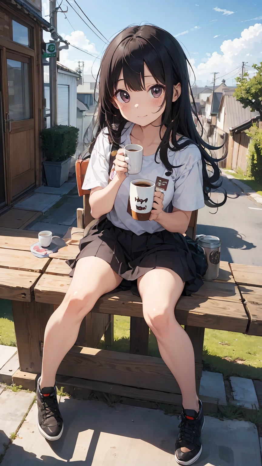 masterpiece、high quality、high resolution、Simple illustration、Deformed、Chibi Character、Adorable 、Giving a mug to a cat、Landscape、Sit on、Hold out the mug、Reach for a mug in one hand、Drinking a mug、coffee