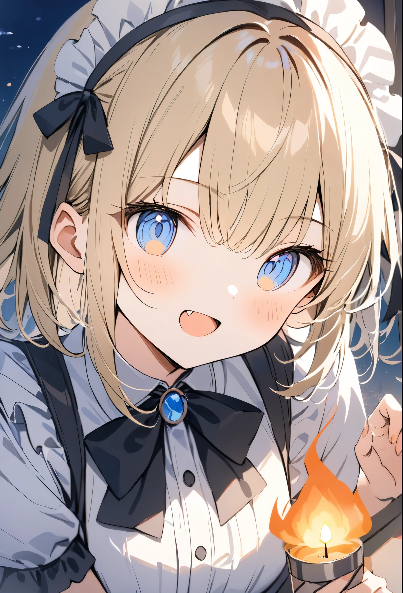 absurdres,watercolor,oil,超High resolution, Attention to detail, high quality, High resolution, 最high quality, 4K, 8K, Awards, (artwork),Night House、A beautiful candle flame、(Lens flare:1.3),Maid clothes、blondes、blue eyes、(claw pose),close-up,(fang)、gibson tuck hair
