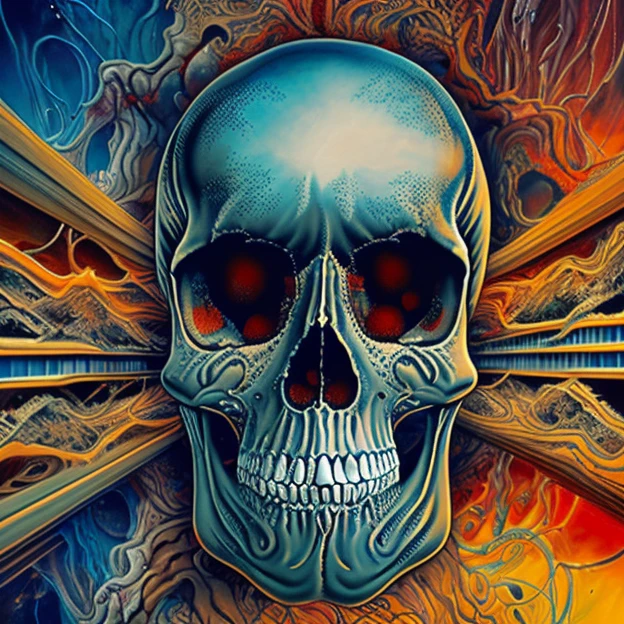 a skull with a blue energy aura, chromed steel, titanium, vanadium and iron, dominant blue color tonality, santa muerte,warped space scenario, fractal design, dark colours, masterpiece, highly detailed, 4k resolution, 3d modelling, digital art, abstract art