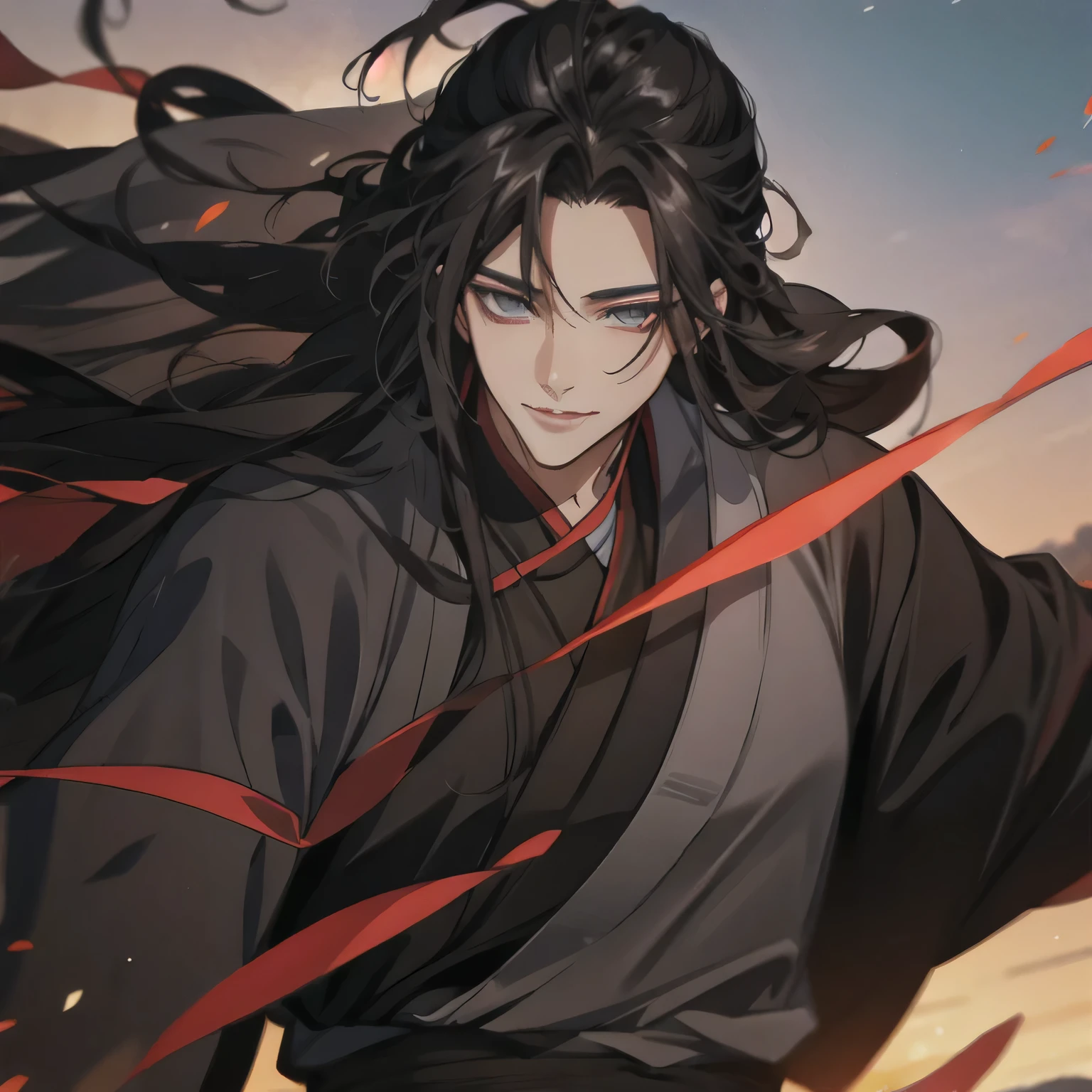 (masterpiece, best quality:1.2), 1male, solo, wei wuxian, mo dao zu shi, mdzs, black clothes, grey eyes, long black hair, perfect ???????, smile