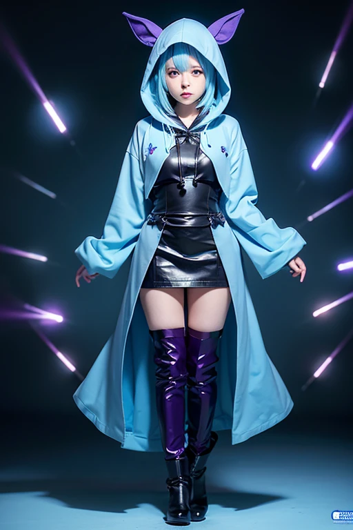 Anime illustration style, light blue hair, long hair, large eyes, small mouth, cute face, purple eyes, 16-year-old cute girl, very large bust, profession magician, navy blue hooded robe, no hood on, dark corridor style background, full body image using magic