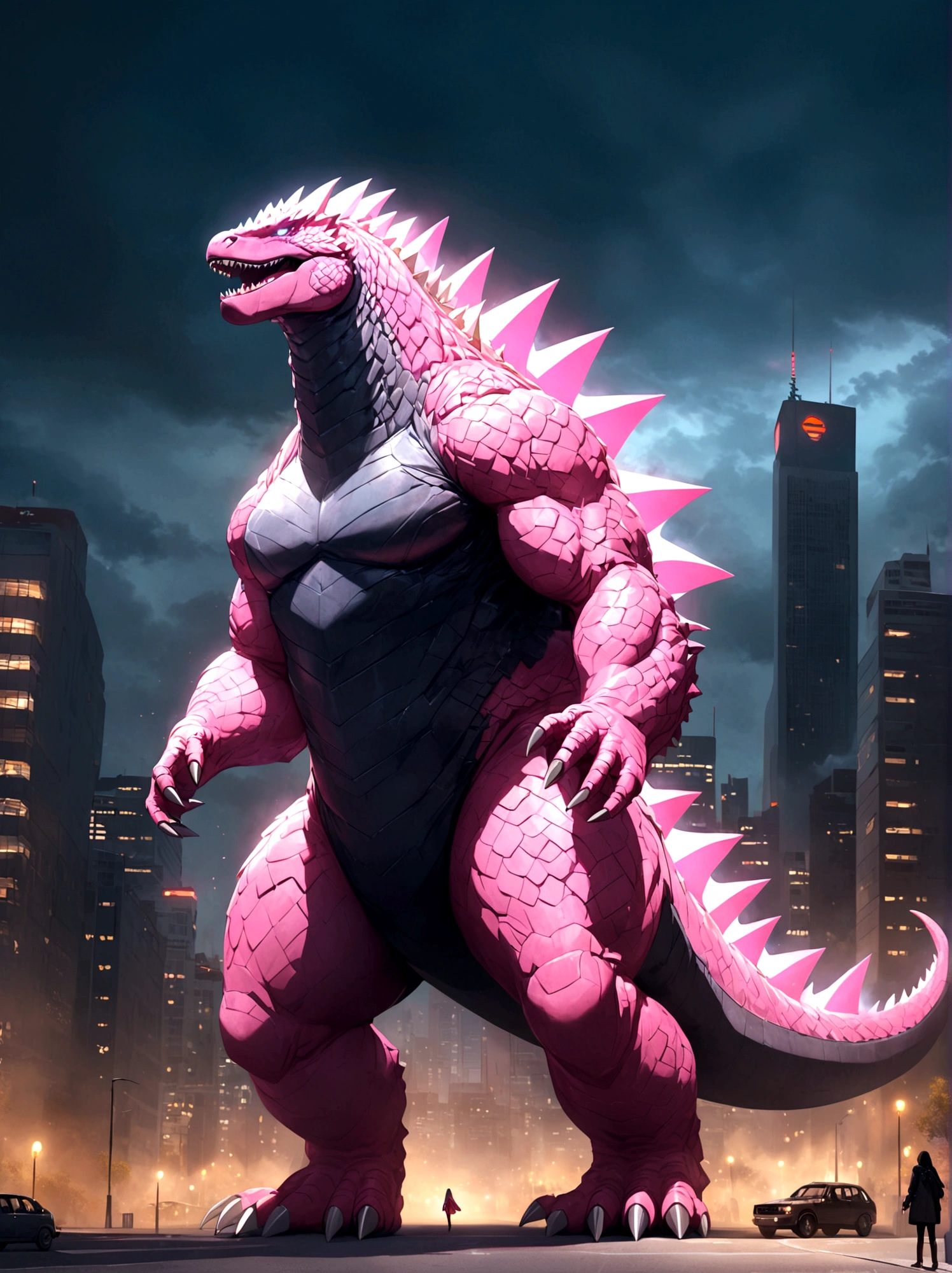 solo, full body, outdoors, city, glowing, building, no humans,pink godzilla