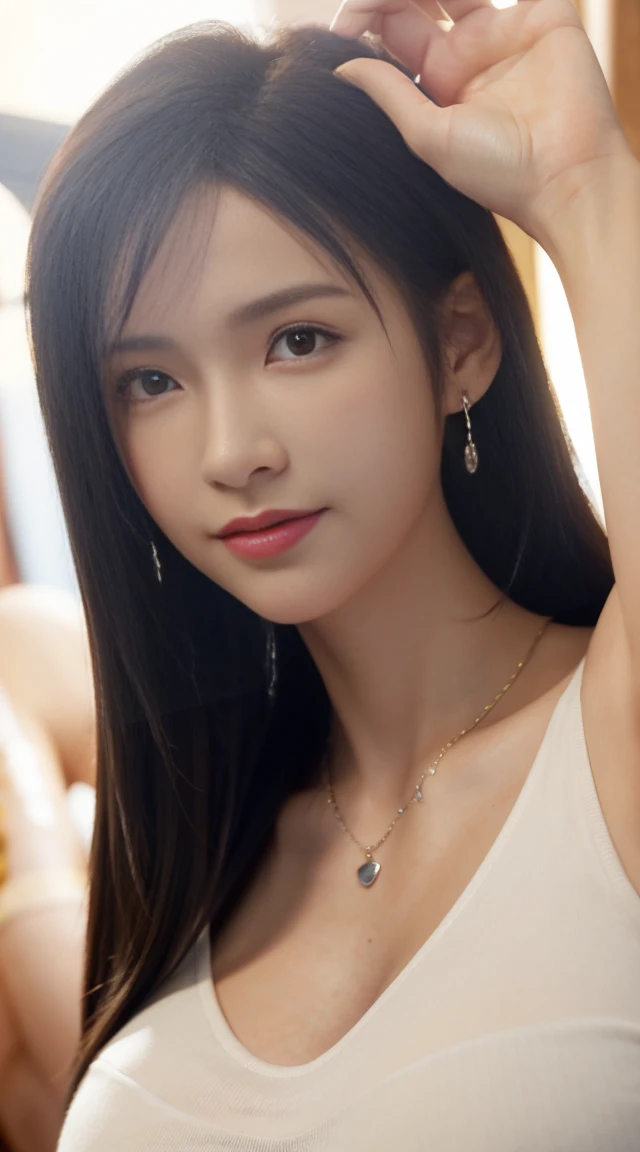 8K,Ultra-high quality,masterpiece, best quality, Stills, Busty girl, street, Low-cut transparent dress, huge ,huge ,Large Breasts,Low-cut, Cleavage close-up, bright, hapiness, Warm and soft lighting, (nonsense: 0.7) wear,(Low-cutT恤:1.3),Wearing earrings,Too much, Open the chest,Smile, necklace,huge breasts, Tifa,cleveage,Low-cut,huge乳房