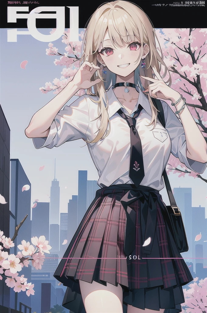 masterpiece, best quality, full body,
1girl, bangs, black choker, black necktie, blonde hair, blue skirt, blush, bracelet, breasts, choker, clothes around waist, collarbone, collared shirt, cowboy shot, dress shirt, ear piercing, eyebrows visible through hair, gradient hair, grin, gyaru, jewelry, kogal, long hair, looking at viewer, loose necktie, necktie, piercing, plaid, plaid skirt, pleated skirt, red eyes, ring, , shirt, skirt, smile, solo, white shirt,
street, sky, cherry blossoms, petals,illustration, (magazine:1.3), (cover-style:1.3), fashionable, woman, vibrant, outfit, posing, front, colorful, dynamic, background, elements, confident, expression, holding, statement, accessory, majestic, coiled, around, touch, scene, text, cover, bold, attention-grabbing, title, stylish, font, catchy, headline, larger, striking, modern, trendy, focus, fashion,