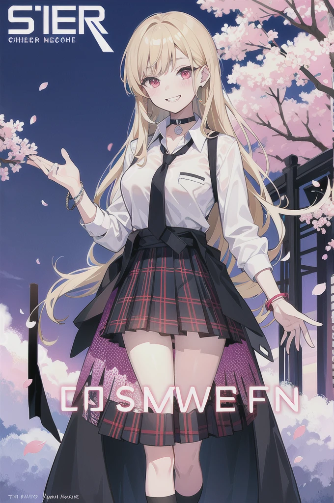 masterpiece, best quality, full body,
1girl, bangs, black choker, black necktie, blonde hair, blue skirt, blush, bracelet, breasts, choker, clothes around waist, collarbone, collared shirt, cowboy shot, dress shirt, ear piercing, eyebrows visible through hair, gradient hair, grin, gyaru, jewelry, kogal, long hair, looking at viewer, loose necktie, necktie, piercing, plaid, plaid skirt, pleated skirt, red eyes, ring, , shirt, skirt, smile, solo, white shirt,
street, sky, cherry blossoms, petals,illustration, (magazine:1.3), (cover-style:1.3), fashionable, woman, vibrant, outfit, posing, front, colorful, dynamic, background, elements, confident, expression, holding, statement, accessory, majestic, coiled, around, touch, scene, text, cover, bold, attention-grabbing, title, stylish, font, catchy, headline, larger, striking, modern, trendy, focus, fashion,