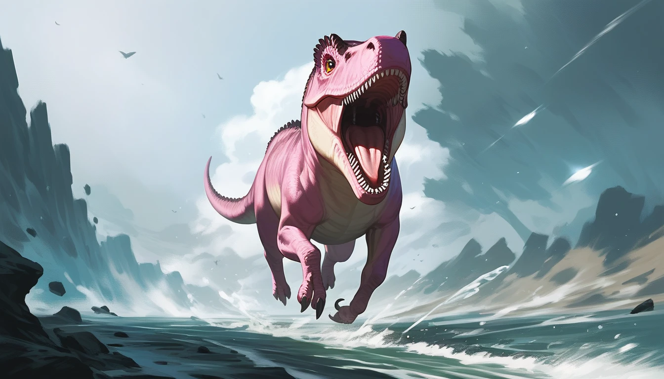 score_9, score_8_up, score_7_up, source_anime, detailed, 8k, cinematic angle, rating safe, wide shot, A pink Dinosaur is running in wild,