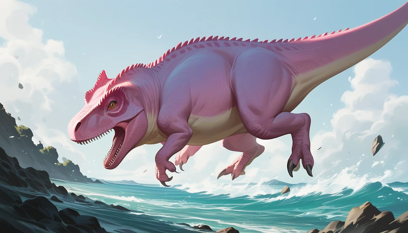 score_9, score_8_up, score_7_up, source_anime, detailed, 8k, cinematic angle, rating safe, wide shot, A pink Dinosaur is running in wild,