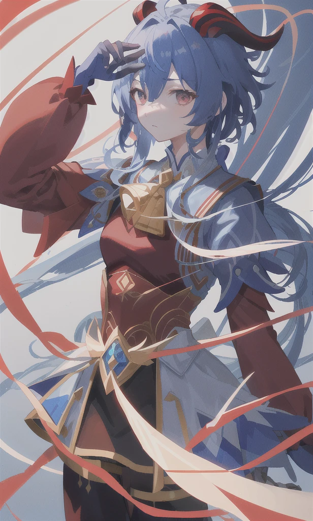 ((tmasterpiece，4k wallpaper，best qualtiy))ganyudef,  Be red in the face,  In the daytime, simple backgound, blue-sky, short detailed hair,  Moody light,light blue  hair，light particules，Blue Themes，Busty body，face expressionless，Brilliant，smooth thigh