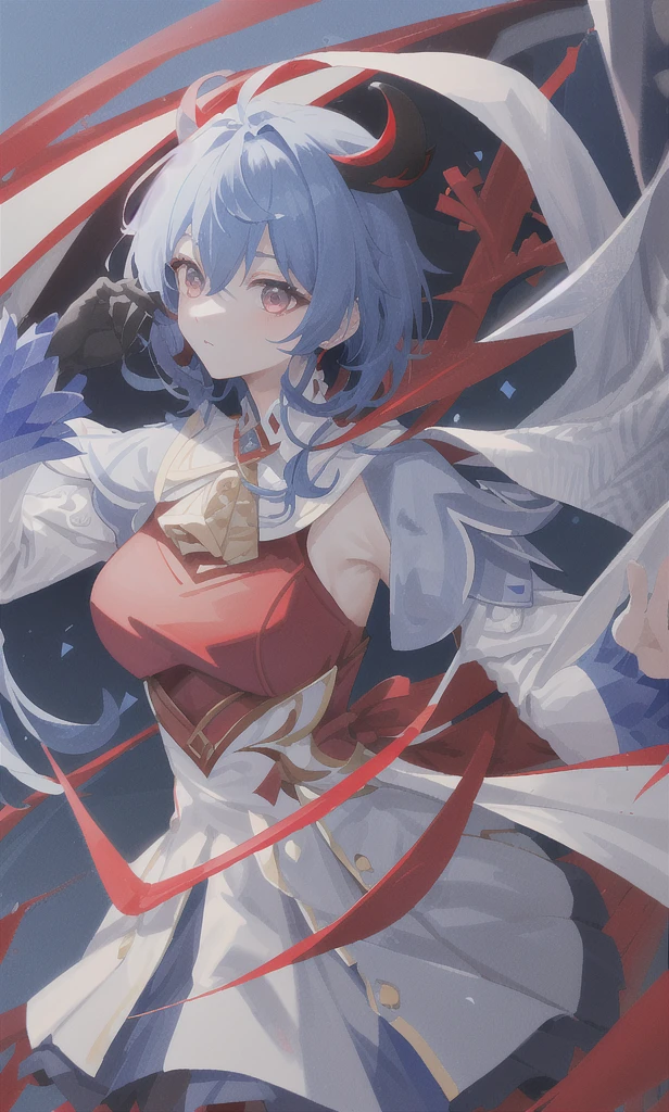 ((tmasterpiece，4k wallpaper，best qualtiy))ganyudef,  Be red in the face,  In the daytime, simple backgound, blue-sky, short detailed hair,  Moody light,light blue  hair，light particules，Blue Themes，Busty body，face expressionless，Brilliant，smooth thigh