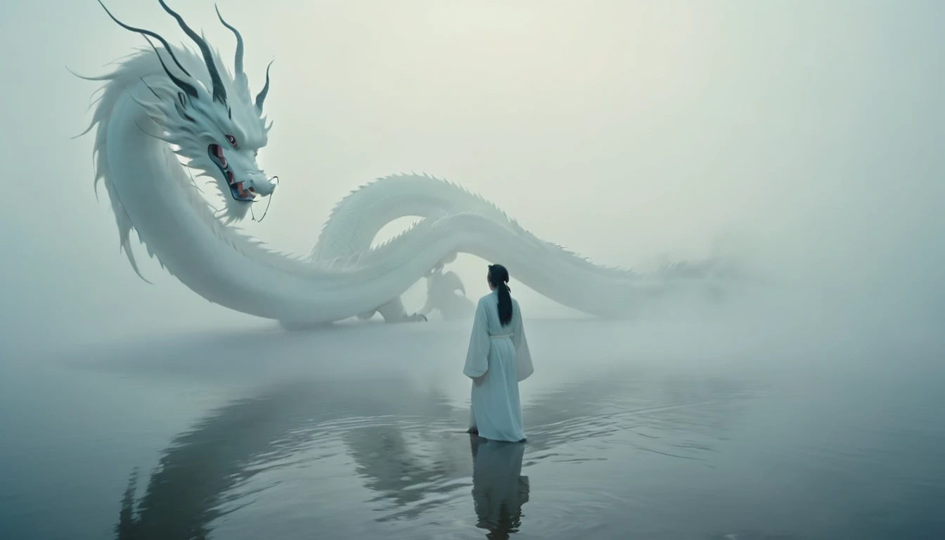 A white Chinese dragon looks down at a woman on a foggy lake. Clouds, thick fog, symmetrical composition, a woman in a white robe walking on the lake and looking at the dragon, full of mystery, close-up