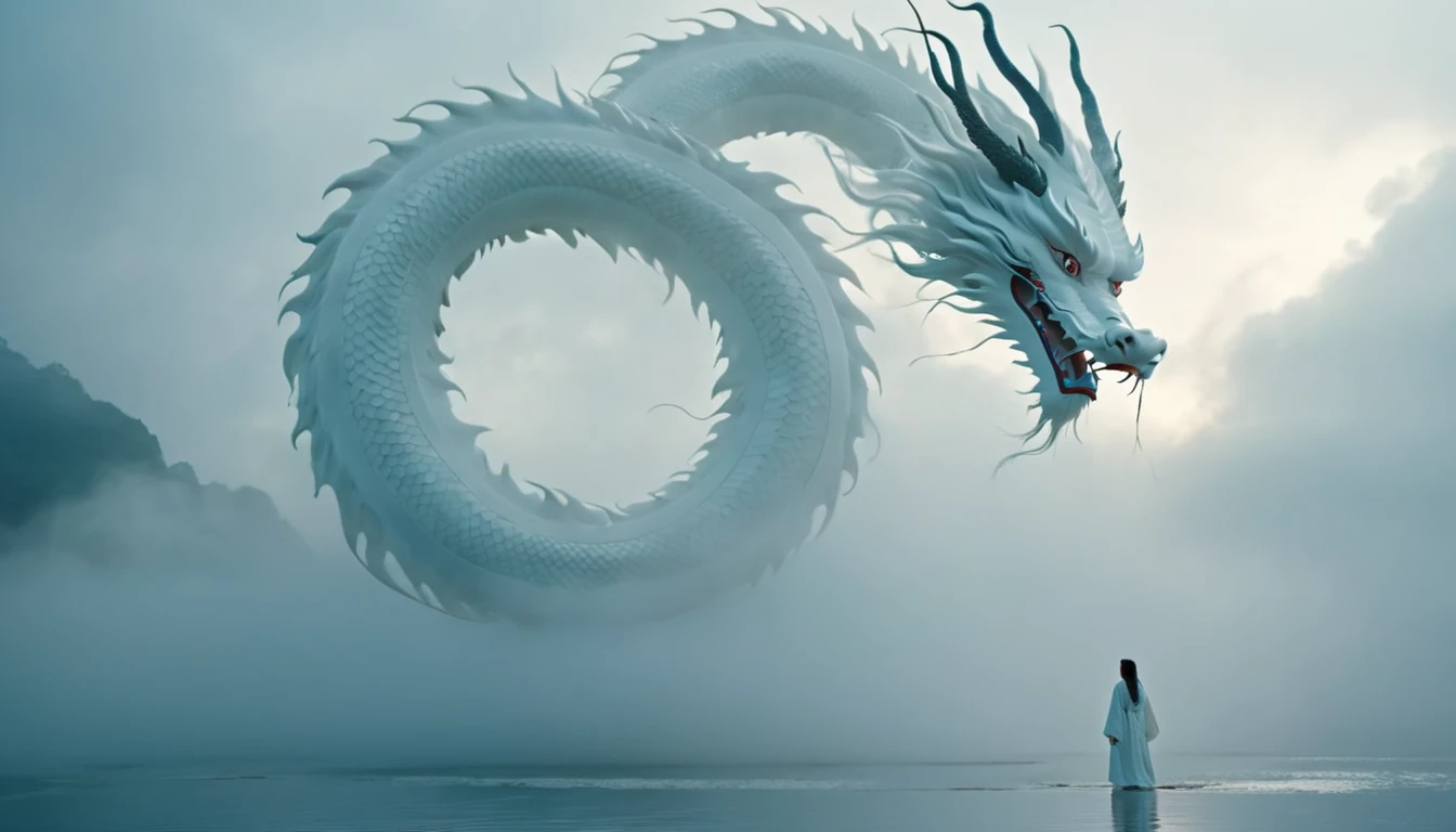 A white Chinese dragon looks down at a woman on a foggy lake. Clouds, thick fog, symmetrical composition, a woman in a white robe walking on the lake and looking at the dragon, full of mystery, close-up