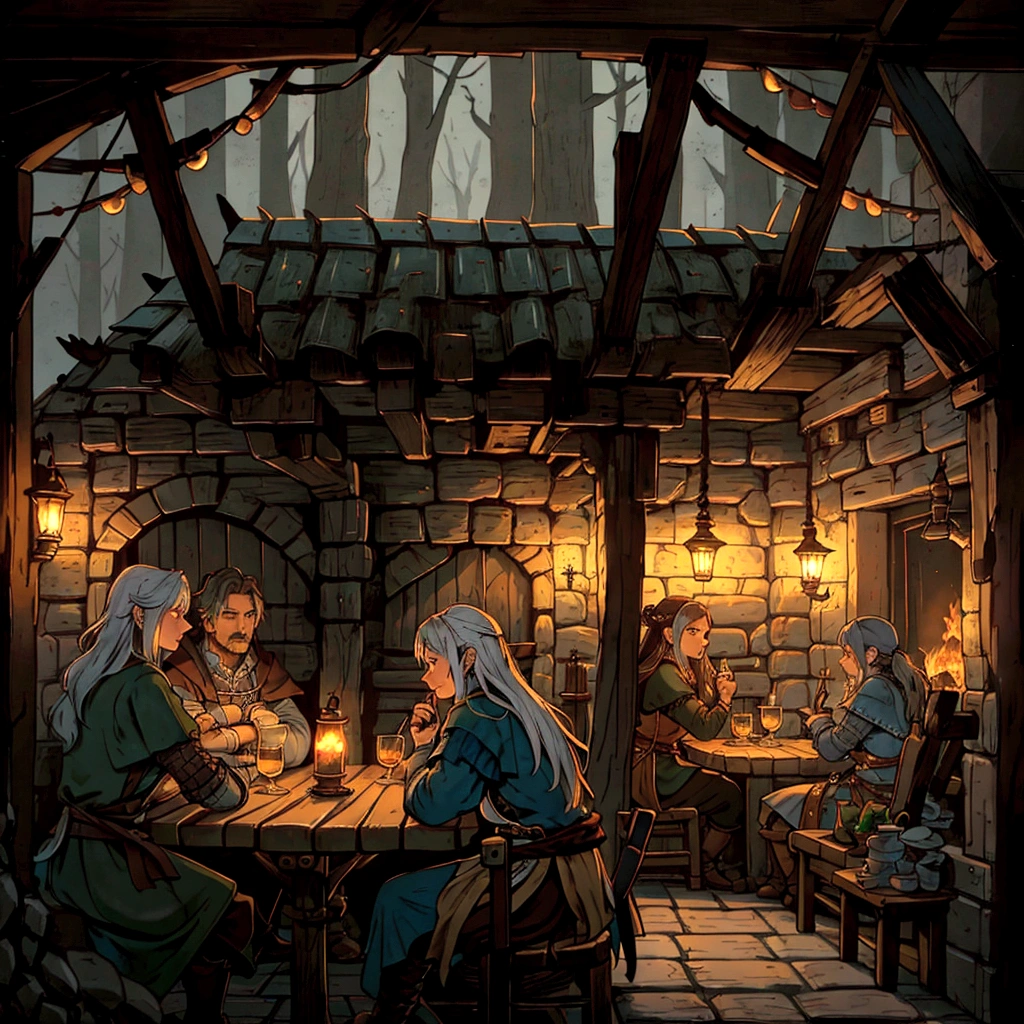 there are people sitting at a table in a tavern with a fire, dimly-lit cozy tavern, a multidimensional cozy tavern, fantasy tavern background, inside a tavern, in fantasy tavern near fireplace, dimly lit cozy tavern, taverns nighttime lifestyle, tavern background, in a medieval tavern at night, medieval tavern, medieval d&d mood, pirates in a tavern
