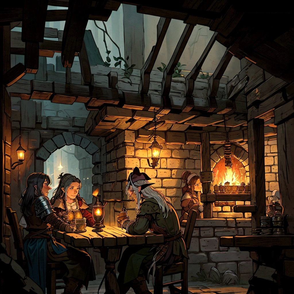 there are people sitting at a table in a tavern with a fire, dimly-lit cozy tavern, a multidimensional cozy tavern, fantasy tavern background, inside a tavern, in fantasy tavern near fireplace, dimly lit cozy tavern, taverns nighttime lifestyle, tavern background, in a medieval tavern at night, medieval tavern, medieval d&d mood, pirates in a tavern