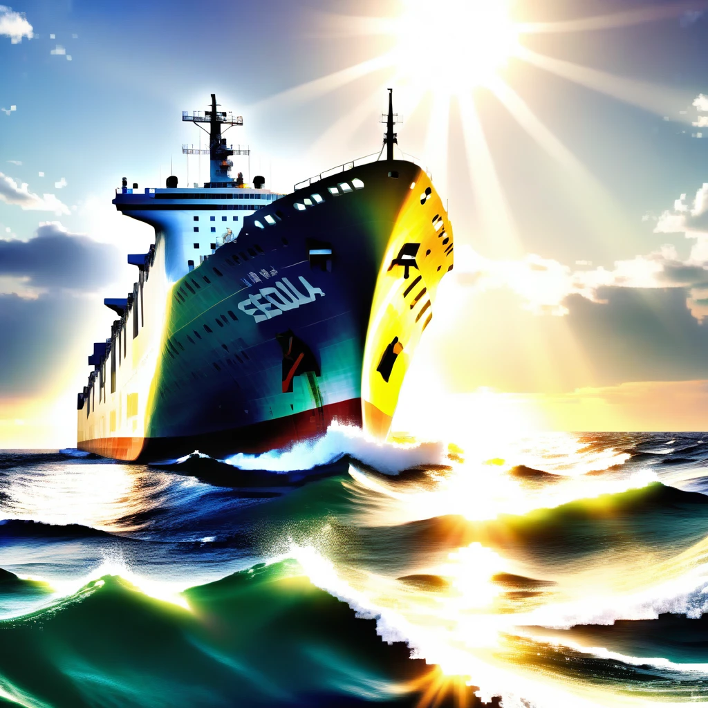 Create what the cover of the video game Tragedy at Sea would be like: The Sewol Ferry in Panorama, natural lighting, Ambient lighting, Sun ray, nature, HDR, dynamic colors