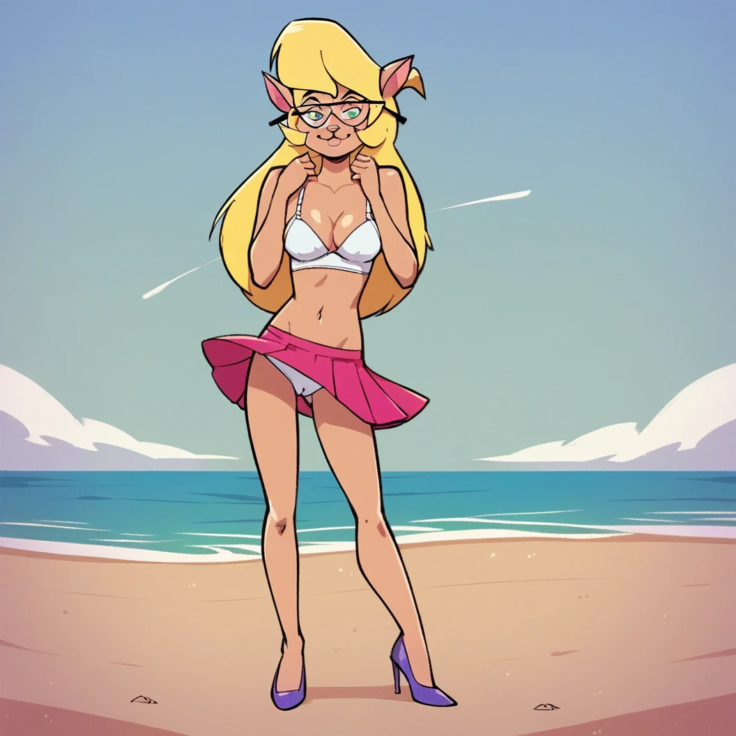 score_9, score_8_up, score_7_up, score_6_up, score_5_up, score_4_up, (Source furry), (rating nsfw), 1girl solo, outdoors, beachfront, looking at viewer, glasses, callie briggs, detailed, front view, standing, full view, legs, purple heels, hula dance, thicc, grass hula skirt, short hula skirt, beach, blonde hair, wardrobe malfunction, vagina, panties at ankles, white bra, hands covering vagina, ashamed,