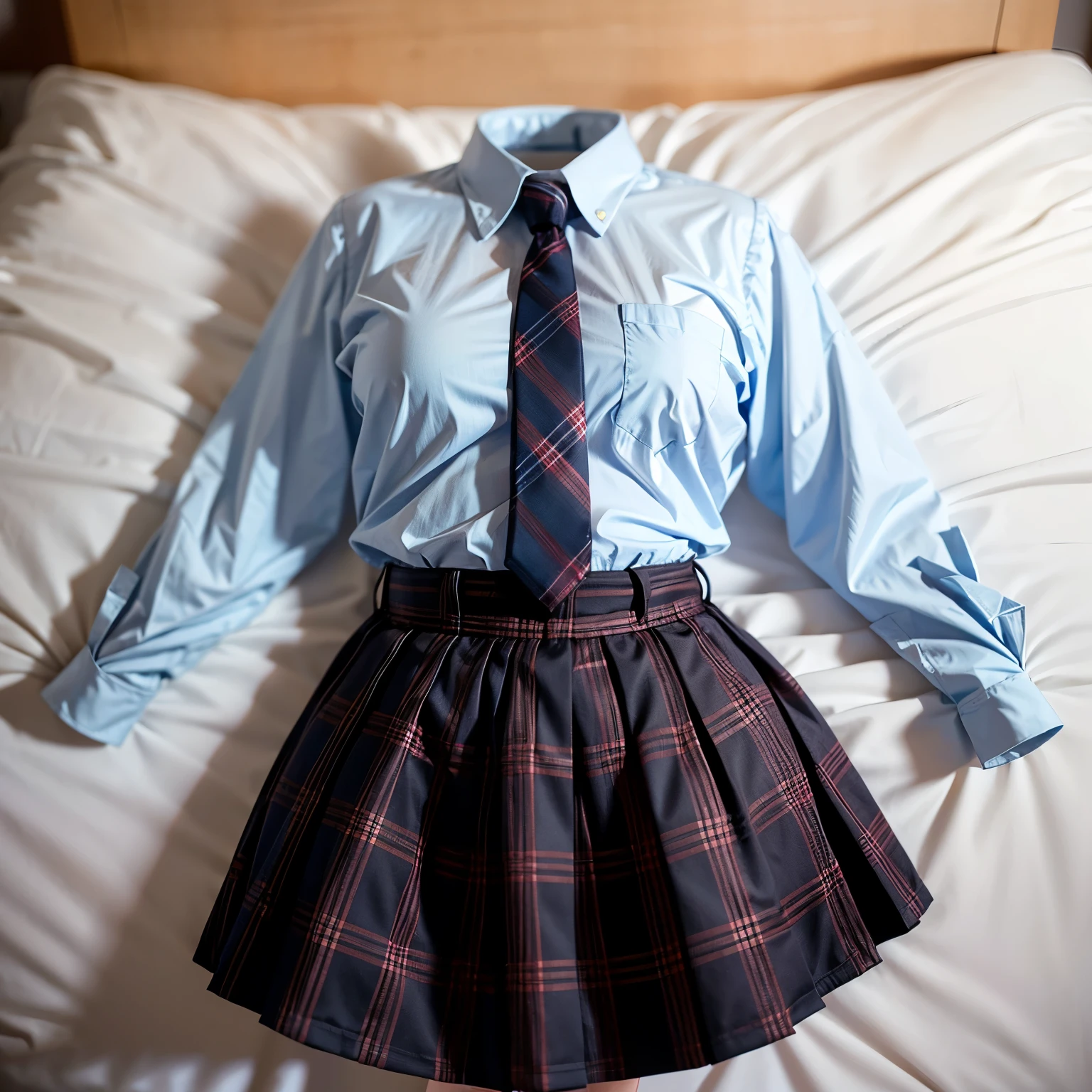 on bed, school blouse laid on bed, stripe tie, plaid skirt, fat, (invisible, no human, headless, handless:1.5)