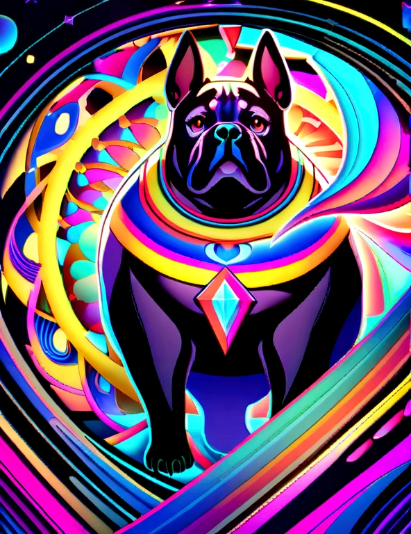 A dazzling, lively, award-winning masterpiece of a brown French bulldog with dark eyes, black nose, And excessive detail, Psychedelic style. Vibrant colors and dynamic movement showcase this lively spirit and cheerful breed. Unleash your creativity with the golden ratio, And watch the magic come to life in 8K resolution, Professional cinematic image.