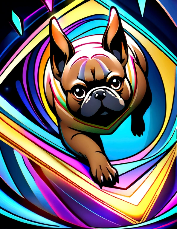 A dazzling, lively, award-winning masterpiece of a brown French bulldog with dark eyes, black nose, And excessive detail, Psychedelic style. Vibrant colors and dynamic movement showcase this lively spirit and cheerful breed. Unleash your creativity with the golden ratio, And watch the magic come to life in 8K resolution, Professional cinematic image.