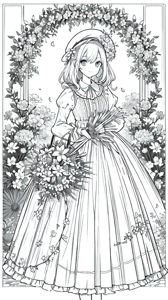 ​masterpiece, best qualityer, 1 Barbie, standing alone, Longhaire, Looking at Viewer, sorrido, bangss, overskirt, chemise, long sleeves, hat, don, 弓, participation, cloused mouth, flowers, volantes, flowers do cabelo, flower petals, flower bouquet, Fixing flower, Central Flywheels, Hood, flower fixing bouquet, fild, flowers, fild, arte linear, monocromatic,