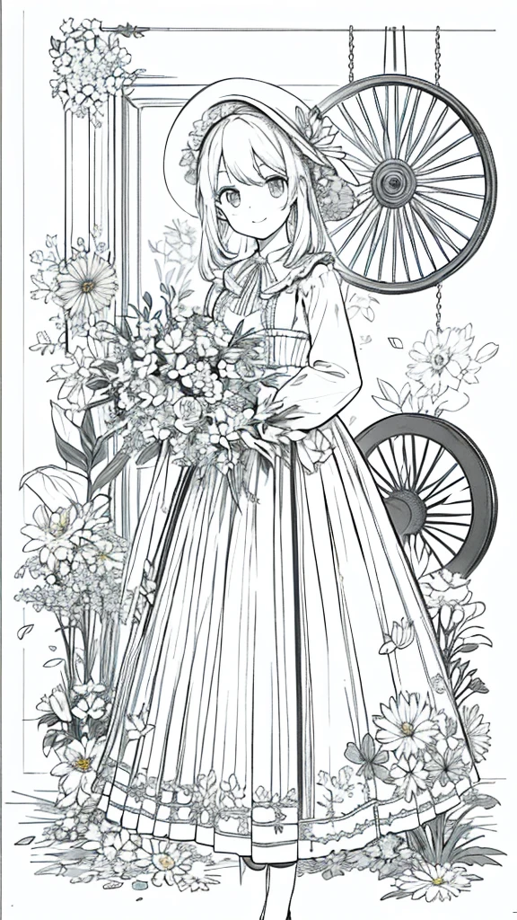 ​masterpiece, best qualityer, 1 Barbie, standing alone, Longhaire, Looking at Viewer, sorrido, bangss, overskirt, chemise, long sleeves, hat, don, 弓, participation, cloused mouth, flowers, volantes, flowers do cabelo, flower petals, flower bouquet, Fixing flower, Central Flywheels, Hood, flower fixing bouquet, fild, flowers, fild, arte linear, monocromatic,
