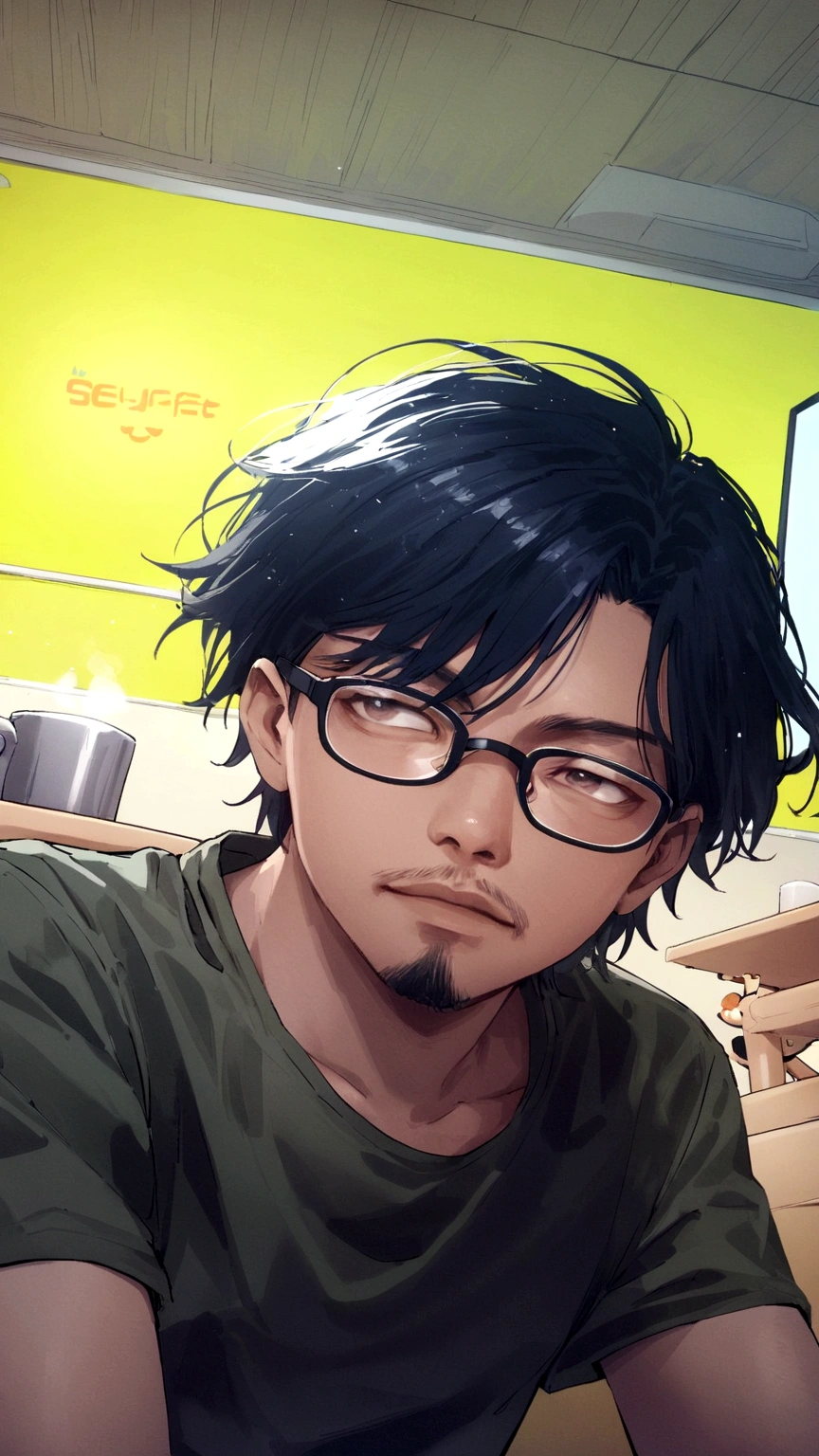 original, wide angle, A man wearing glasses sits on a chair in front of a futuristic computer screen in a bright cafe., 30 years old,Red-black skin, black hair, wavy hair,shoulder length hair,Software Development Engineer.,bear typography,small beard,black t-shirt,black pants,white clothes, The coffee cup is placed on the table., Display star information, hardware, bright environment, neon light, Leonardo DiCaprio
