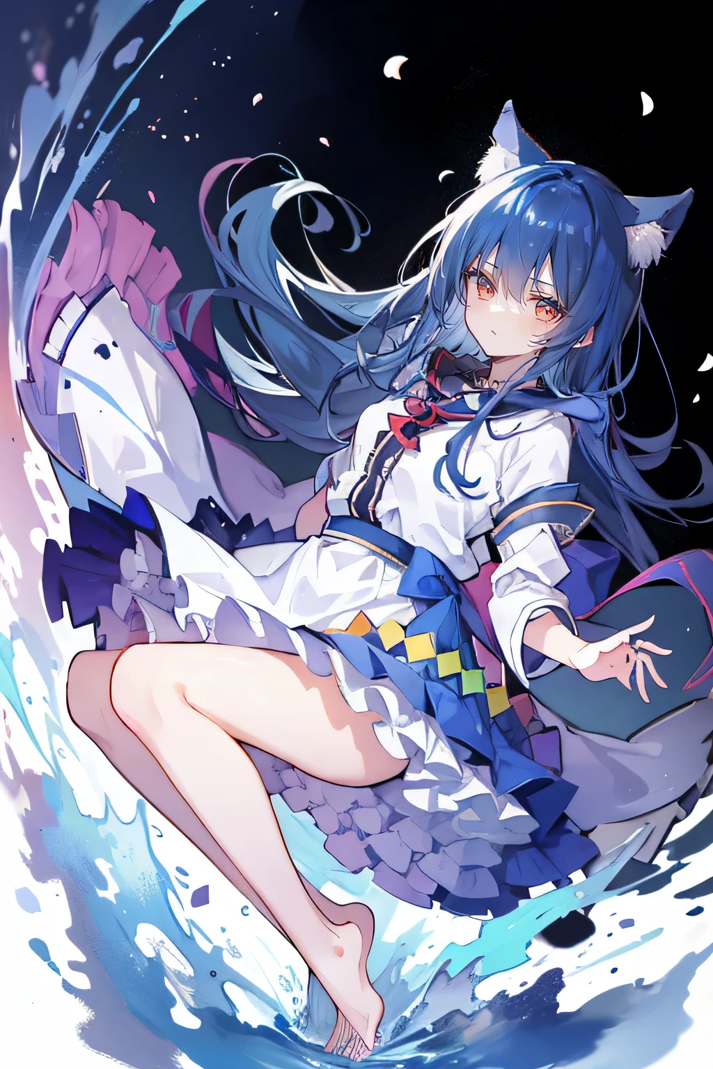 (masterpiece:1.2),Super detailed,lifelike,Expressive eyes,fair skin,perfect face shape,1 girl,
Japanese comics,Gorgeous blue hair,flowing blue hair,flowing clothes,Cat ears,Petals fall,beautiful lola,Baby Angel,sunrise,
Shaking head with one hand,Cross your legs,Gentle and peaceful background,The pavilion is cool and comfortable,smile, wearing hoodie, background of tokyo,back views,snowing, winter,seaside,wet clothes,A smile,A faint smile,。dark blue gradient hair,asymmetrical hair,((Hair is very thick 1.8,Chiseled hair 1.6)), Hair over the shoulders, Messy hair, Very long hair, shiny hair,(long dark blue hair:1.2),A beautiful girl,(Transparent clothes transparent 1.8),Perfect body,Big thin legs,slender,(Looks very sad,Looks haggard ,sadness,shut your mouth:1.2) Against the backdrop of an unusually bright dark starry sky,(Put your hands behind your back),(round,Room, Strong breasts),barefoot,float,water surface,(long legs,long legs,long legs,Complete)