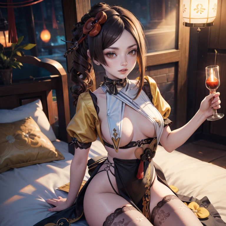 Chiori_(genshin impact), white roses, ornament hair, brown hair, flowing hair, maid, maid dress, maid headdress, maid apron, white apron, white headdress, perfectly body, perfectly hands, long hair, seat on a bed, chinese home style, oriental architecture, gold lantern, white dress, more details on her clothes, golden details, night, smiling, Chinese home style, two legs, two arms, two hands, five fingers, maid, maid dress,