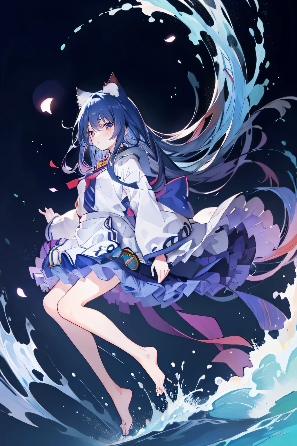 （masterpiece：1.2），Super detailed，lifelike，Expressive eyes，fair skin，perfect face shape，1 girl，
Japanese comics,Gorgeous blue hair,flowing blue hair,flowing clothes,Cat ears,Petals fall,beautiful lola,Baby Angel,sunrise,
Shaking head with one hand，Cross your legs，Gentle and peaceful background，The pavilion is cool and comfortable,smile, wearing hoodie, background of tokyo,back views,snowing, winter，seaside，wet clothes，A smile，A faint smile，。dark blue gradient hair,asymmetrical hair,（（Hair is very thick 1.8，Chiseled hair 1.6））， Hair over the shoulders, Messy hair, Very long hair, shiny hair，(long dark blue hair:1.2),A beautiful girl，（Transparent clothes transparent 1.8），Perfect body，Big thin legs，slender，(Looks very sad，Looks haggard ，sadness，shut your mouth：1.2） Against the backdrop of an unusually bright dark starry sky，（Put your hands behind your back），（round,Room, Strong breasts），barefoot，float，water surface，（long legs，long legs，long legs，Complete）