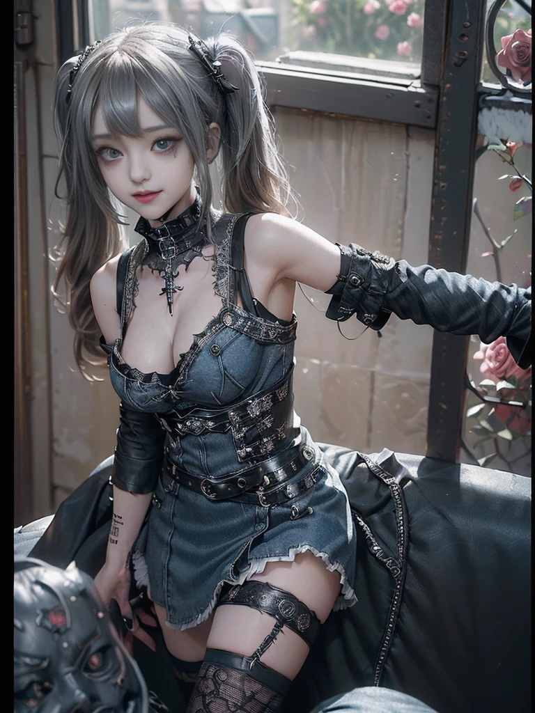 (Smiling with teeth showing:1.3),(Shibuya Gal:1.5)、(Gothic Lolita style fashion:1.5)、(Punk RockVisual Kei:1.4)、(Denim and black and white medieval noble mini skirt dress:1.5)、(Denim and black and white medieval arm covers and bustier:1.5)、(Denim high heels:1.3)、(Wearing silver accessories:1.5)、(Denim collar:1.4)、(Black Leather Garter Belt:1.4)、(Brown Skin Belt:1.3)、(Black lace underwear:1.5)、20-year-old、NSFW、((Highest quality、In 8K、masterpiece:1.3))、Sharp focus:1.2、(Layered Cut、Huge boobs:1.1),Beautiful woman with perfect figure:1.4、(Dancing vigorously:1.3)、Slender Abs:1.2、Highly detailed face and skin texture、Detailed eyes、double eyelid,(Twin tails:1.3)、(Brown-golden hair:1.3)、Gravure idol、(The background is a VIP room of a high-class cabaret club surrounded by roses on a sunny day outdoors.:1.3)、(Slim body:1.2),(Make your legs thinner:1.4),（clavicle:1.1）