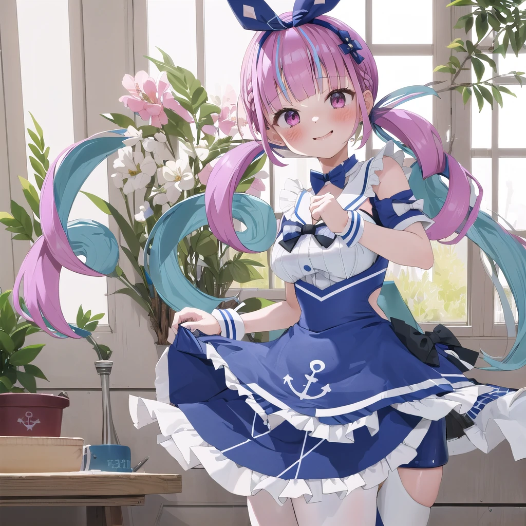 masterpiece, ultra detail, best quality, girl, shy, Minato aqua(Sailor suit),Make a heart with your hands., blush, comiket_cosplay_Hiroba, camera, indoor, holding camera, day, crowd, taking picture, blue sky, photo background, backwards ,  iiaqua, twintails, drill hair, cowboy shot, standing, home, smile