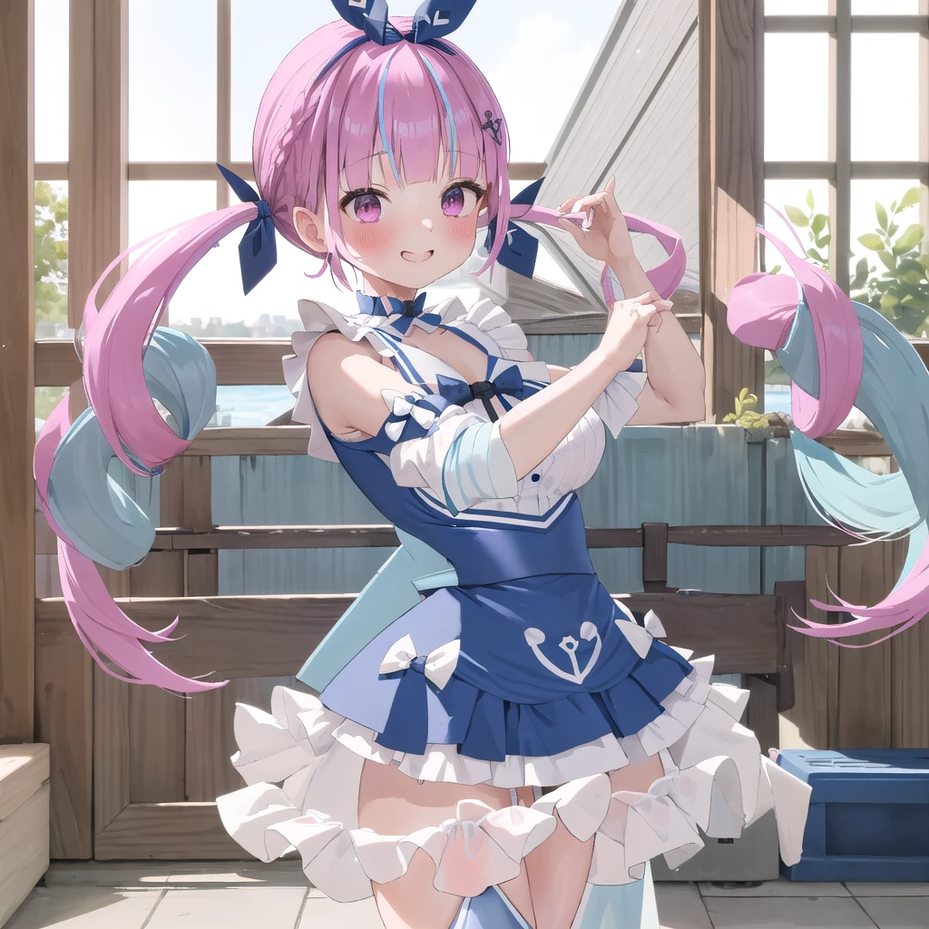 masterpiece, ultra detail, best quality, girl, shy, Minato aqua(Sailor suit),Make a heart with your hands., blush, comiket_cosplay_Hiroba, camera, indoor, holding camera, day, crowd, taking picture, blue sky, photo background, backwards , iiaqua, twintails, drill hair, cowboy shot, standing, home, smile