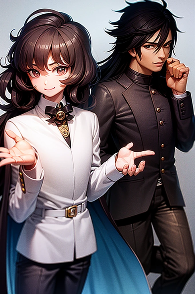 1man, young man, brown skin, brown eyes, mischievous smile, curly mid-long hair, black hair, wolfcut hairstyle, formal outfit, white shirt with rolled up sleeves, white shirt top buttons open, tattooed forearms, black kerchief around neck, black suit pants, black leather belt with silver buckle, black suit jacket, jacket over shoulders like a cape, black leather boots with silver buckles, silver rings on fingers, three silver earrings on right ear, no white skin, hunterxhunter anime style