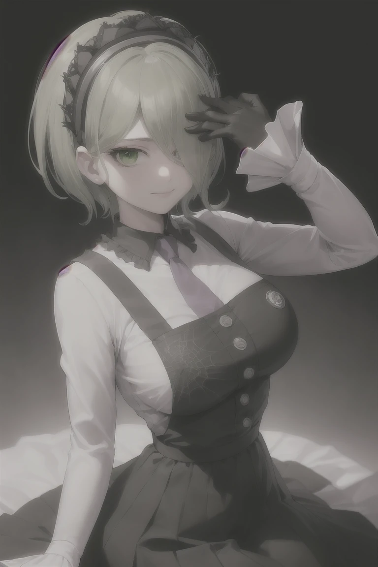 (highly detailed:1.3),
tkirumi, looking at viewer, smile, large breasts, long sleeves, white shirt, green hair, black gloves, hair over one eye, black dress, maid headdress, pinafore dress, hand on own head, spider web print, 
Ultra-detail,(highres:1.1),best quality,(masterpiece:1.3), cinematic lighting,  big breasts