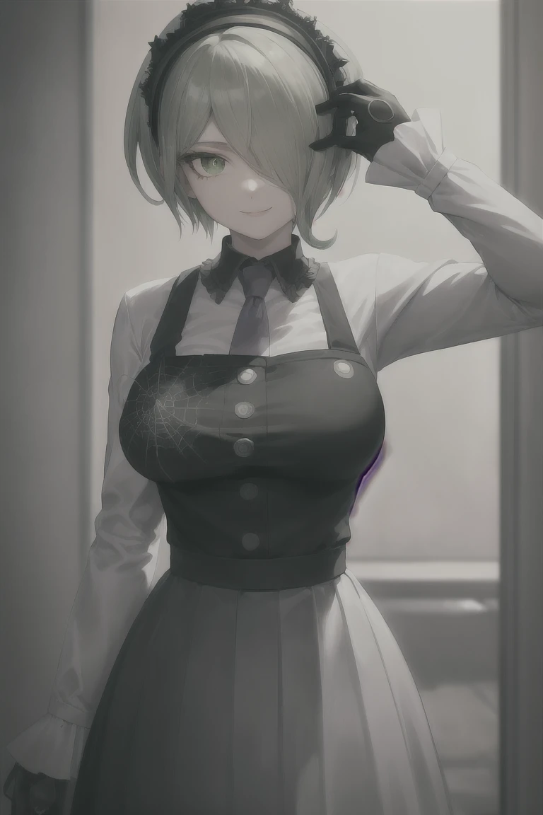 (highly detailed:1.3),
tkirumi, looking at viewer, smile, large breasts, long sleeves, white shirt, green hair, black gloves, hair over one eye, black dress, maid headdress, pinafore dress, hand on own head, spider web print, 
Ultra-detail,(highres:1.1),best quality,(masterpiece:1.3), cinematic lighting,  big breasts