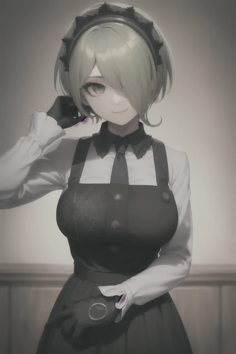 (highly detailed:1.3),
tkirumi, looking at viewer, smile, large breasts, long sleeves, white shirt, green hair, black gloves, hair over one eye, black dress, maid headdress, pinafore dress, hand on own head, spider web print, 
Ultra-detail,(highres:1.1),best quality,(masterpiece:1.3), cinematic lighting,  big breasts